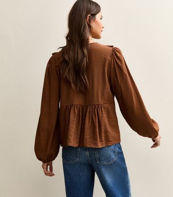 Mid Brown Ruffle Tie Long Sleeve Blouse | New Look