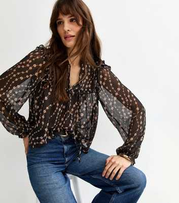 Tall Black Semi Sheer Floral Print Ruffle Bib Blouse