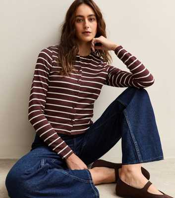 Brown Crinkled Jersey Stripe Cardigan