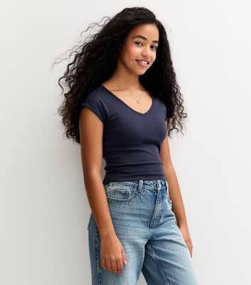 Girls Navy V-Neck Cap Sleeve T-Shirt