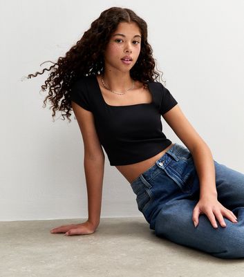 Girls Black Square Neck T-Shirt