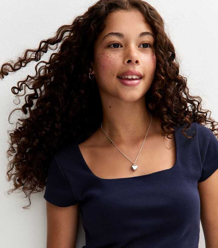 Girls Navy Square Neck T-Shirt