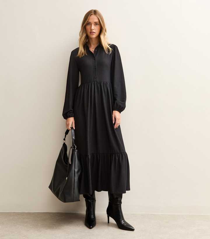 Black Crinkled Jersey Midi Shirt Dress