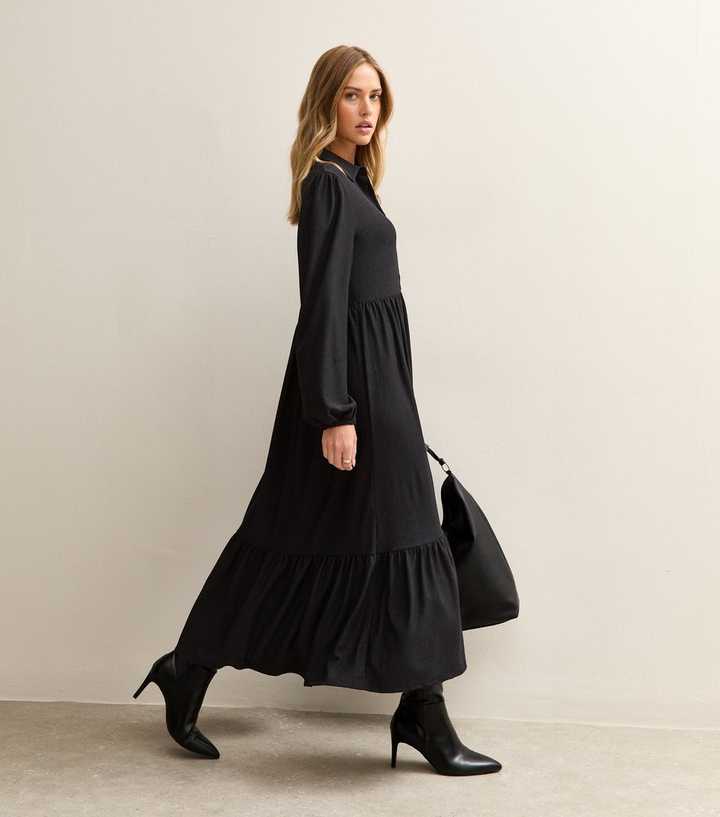 Black Crinkled Jersey Midi Shirt Dress | New Look