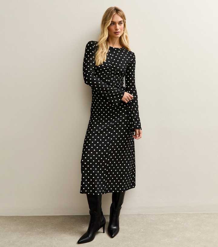 Black Polka Dot Long Sleeve Ruched Midi Dress