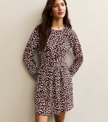 Dark Burgundy Animal Print Long Sleeve Mini Dress