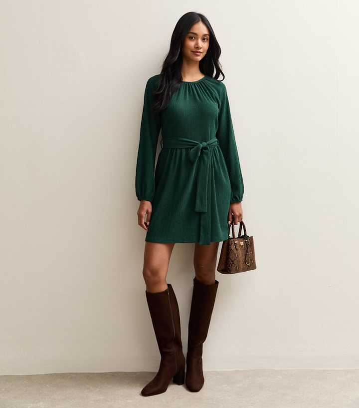 Dark Green Crinkled Jersey Belted Mini Dress