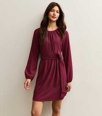 Dark Burgundy Crinkled Jersey Belted Mini Dress