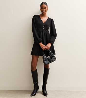 Black Crinkled Jersey Long Sleeve Mini Dress