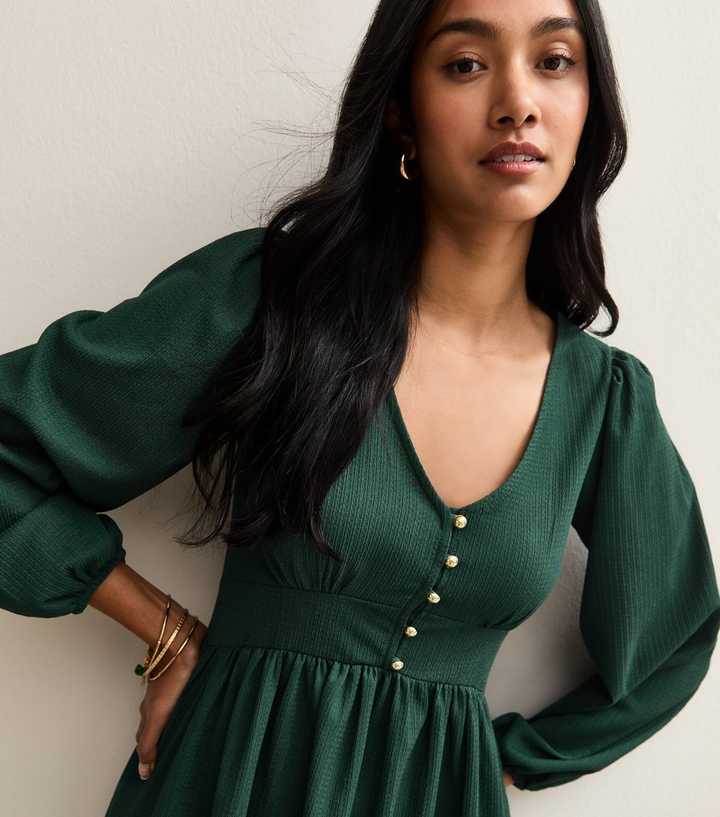 Dark Green Crinkled Jersey Long Sleeve Mini Dress | New Look