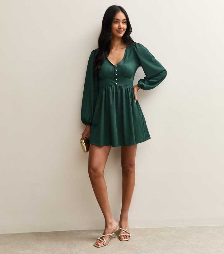 Dark Green Crinkled Jersey Long Sleeve Mini Dress | New Look
