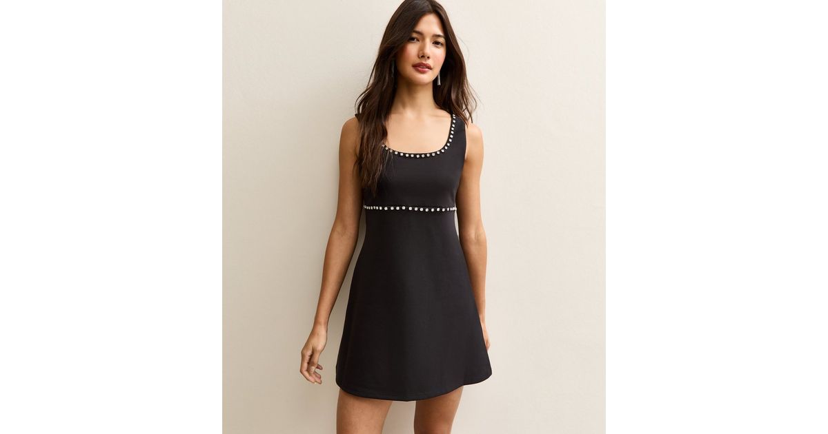 Black Diamante Trim Scoop Neck Mini Dress | New Look Black Diamante Trim Scoop Neck Mini Dress | New Look