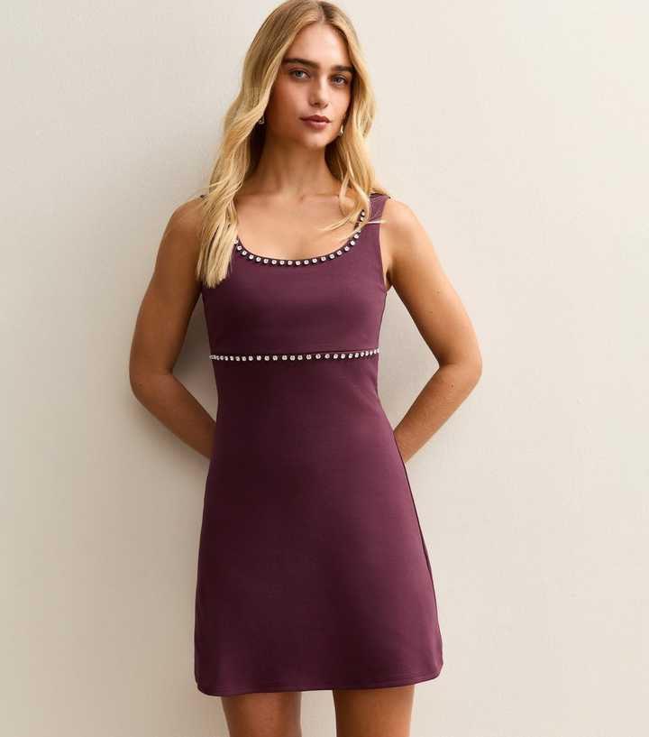 Dark Burgundy Diamante Trim Scoop Neck Mini Dress
