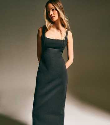 Black Faux Pearl Embellished Square Neck Midi Dress
