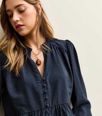Navy Button Up Peplum Tea Blouse