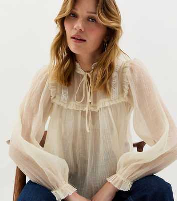 Off White Sheer Lace Bib Crinkle Texture Blouse
