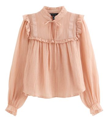 Pink Sheer Lace Bib Crinkle Texture Blouse | New Look