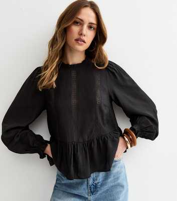 Black Lace Insert Frill Neck Blouse