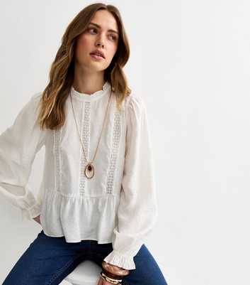 White Lace Insert Frill Neck Blouse