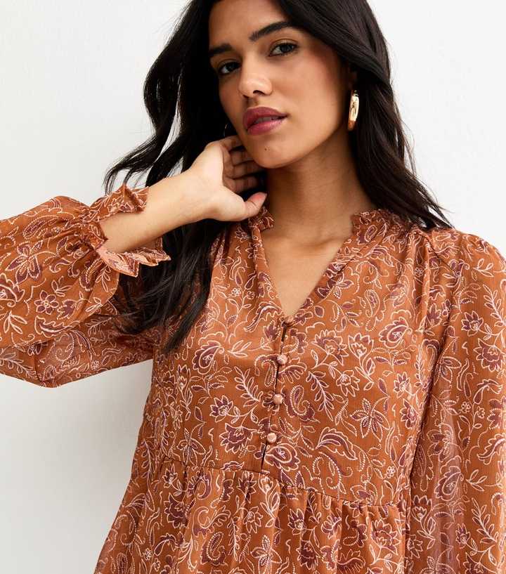 Brown Paisley Chiffon Buttoned Peplum Blouse