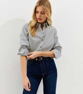 Blue Slim Stripe Curved Hem Shirt