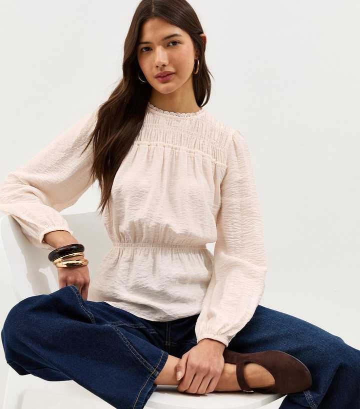 Off White Shirred Crew Neck Blouse