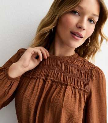 Dark Brown Shirred Crew Neck Blouse