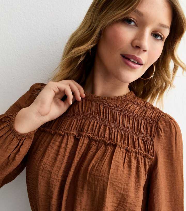 Dark Brown Shirred Crew Neck Blouse