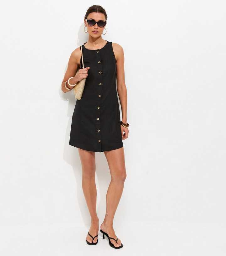 Black Linen Blend Button Through Mini Dress