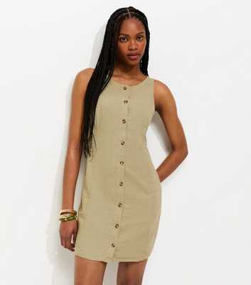 Light Khaki Linen Blend Button Through Mini Dress