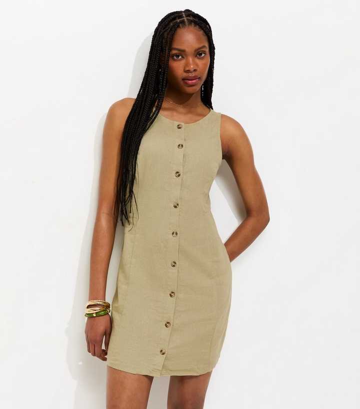 Light Khaki Linen Blend Button Through Mini Dress