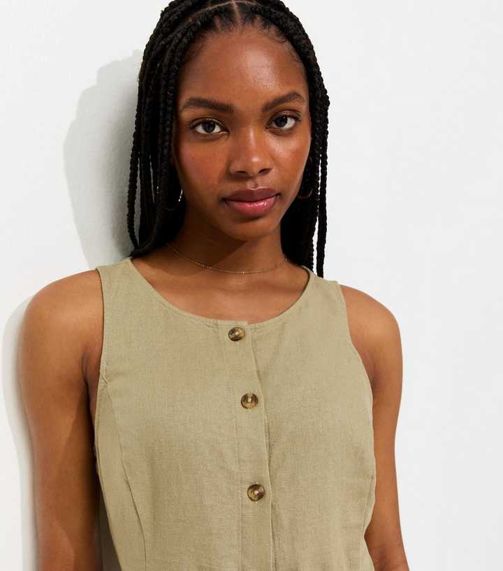 linen blend button through mini dress Linen Blend Button Mini Pocket Dress