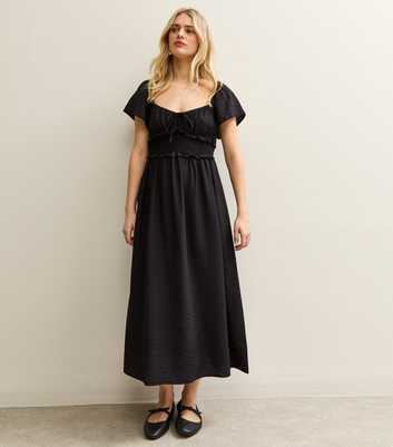 Black Shirred Sweetheart Ruched Midi Dress