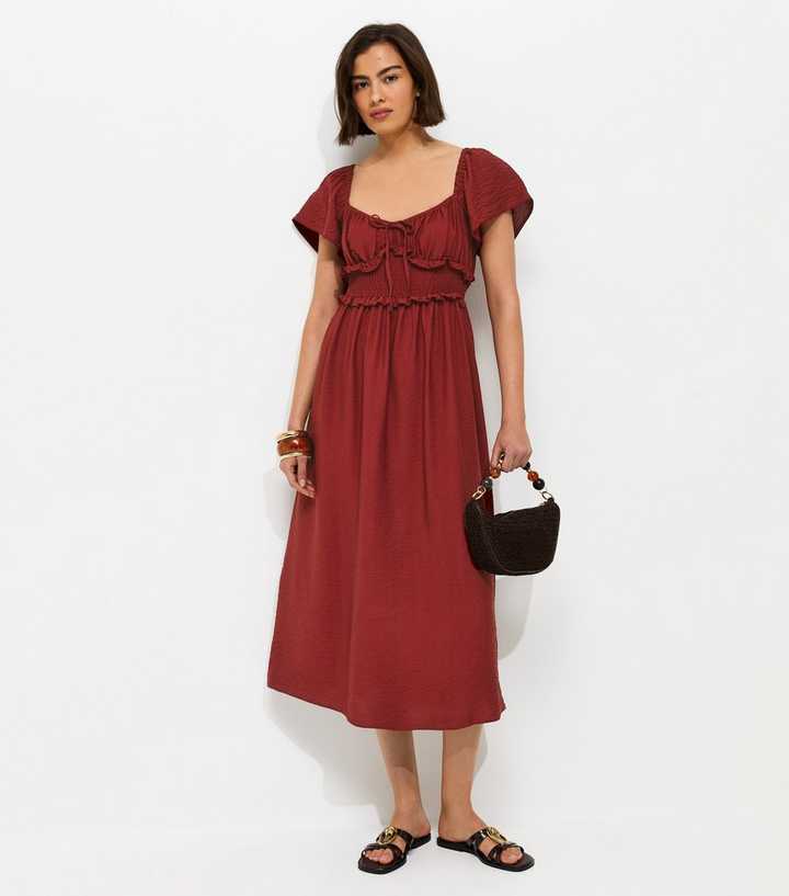 Red Shirred Sweetheart Ruched Midi Dress