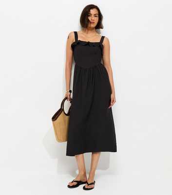 Black Square Neck Frilly Trim Midi Dress