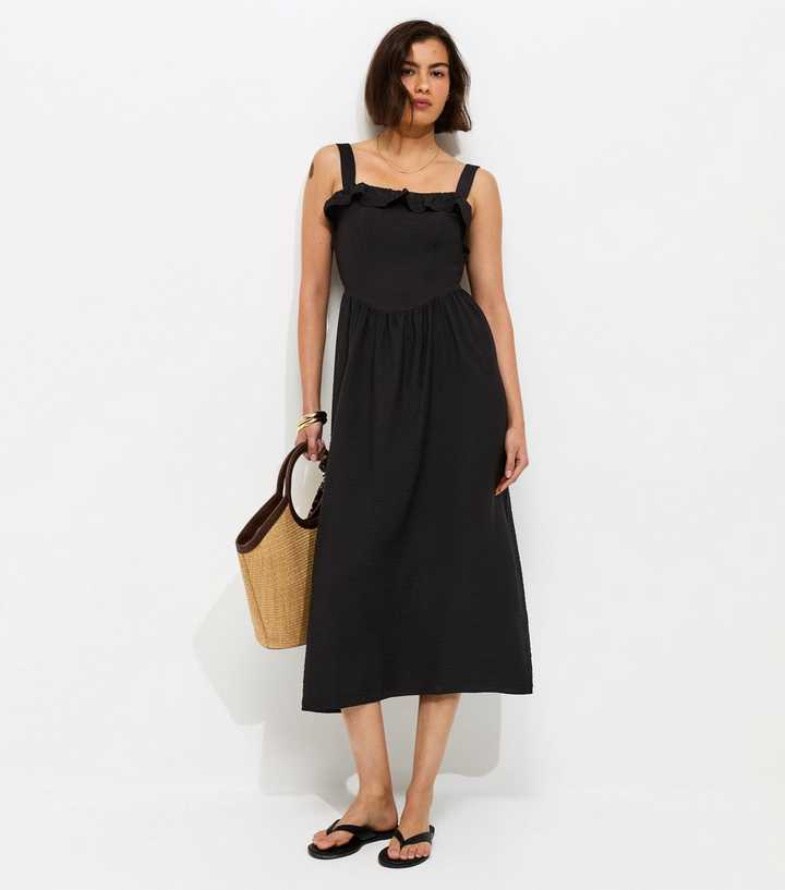 Black Square Neck Frilly Trim Midi Dress