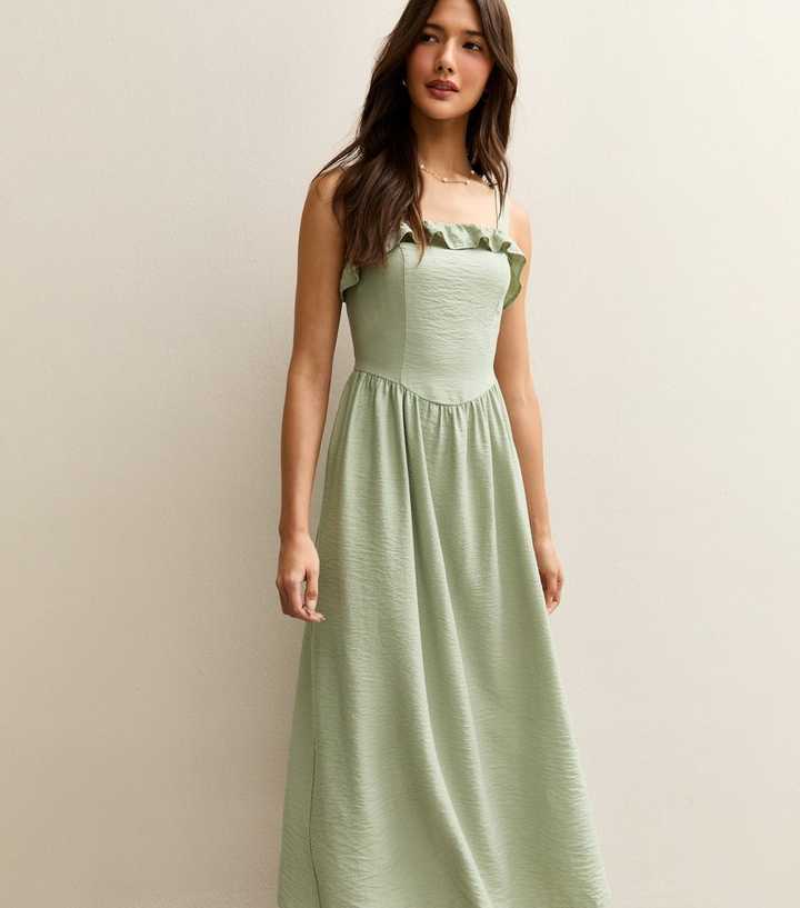 Light Khaki Square Neck Frilly Trim Midi Dress