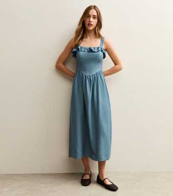 Blue Square Neck Frilly Trim Midi Dress