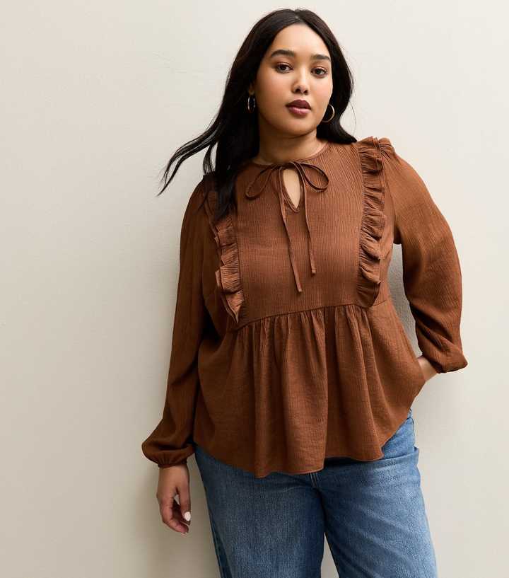 Curves Rust Ruffled Tie Neck Blouse