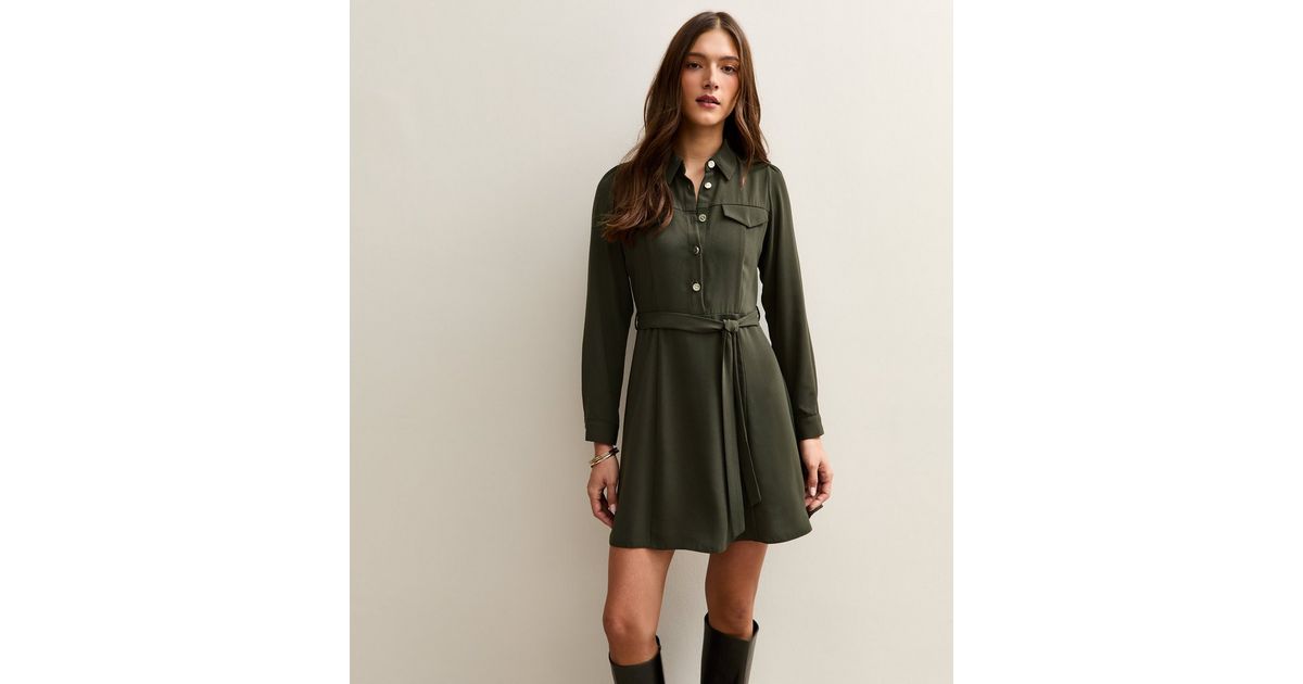 Dark Khaki Belted Shirt Dress | New Look