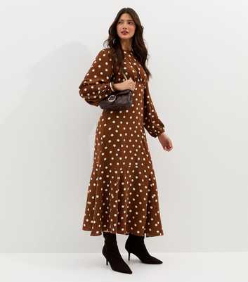 Brown Polka Dot Godet Midi Dress