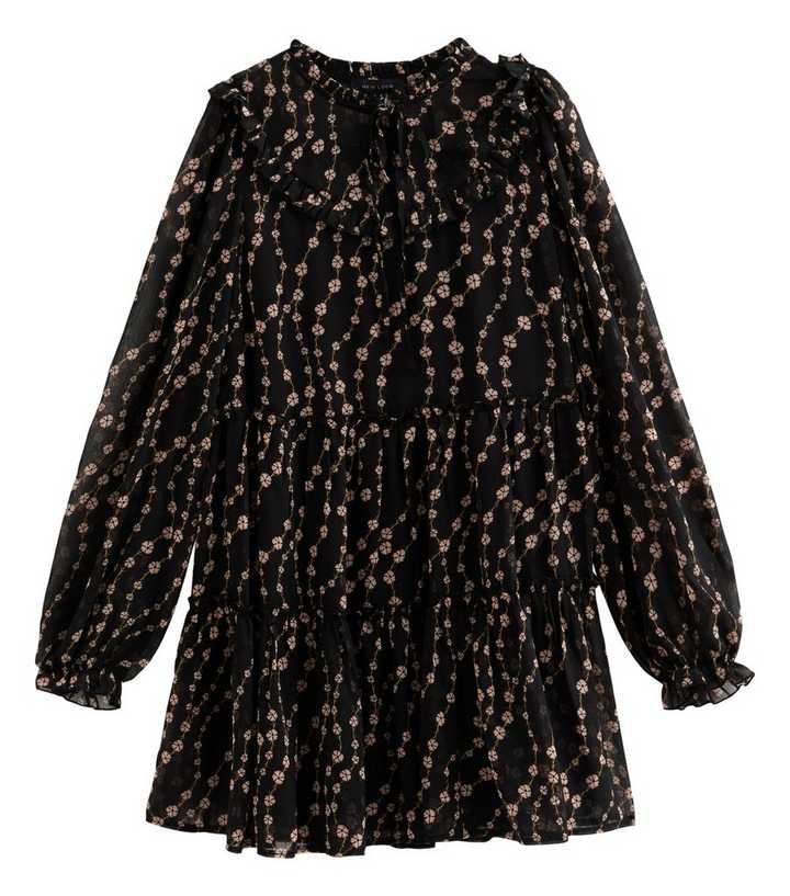 Black Floral Chiffon Ruffle Tiered Mini Dress | New Look
