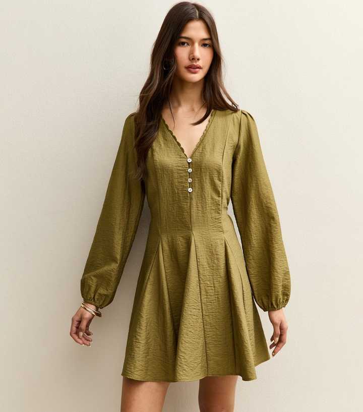 Light Khaki Long Sleeve Godet Mini Dress