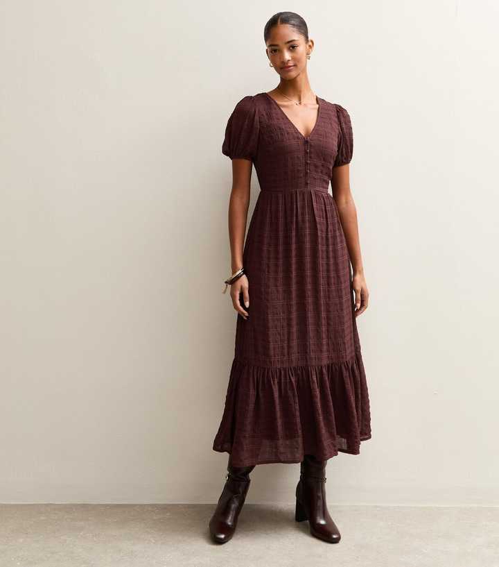 Brown Checked Button Through Midi Dress