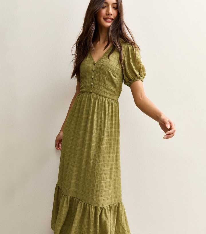Light Khaki Checked Button Through Midi Dress