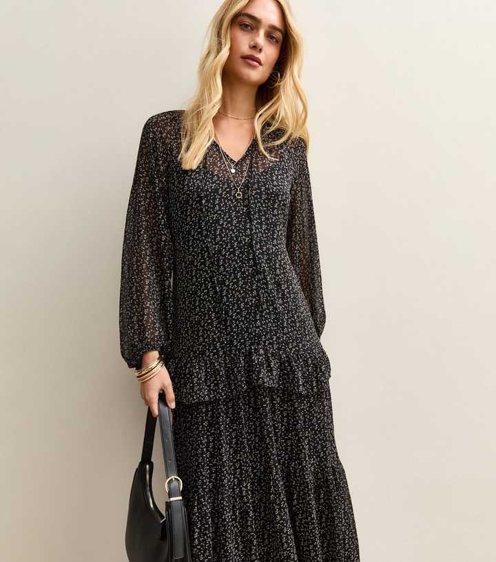 Black Ditsy Print Ruffle Trim Chiffon Midi Dress