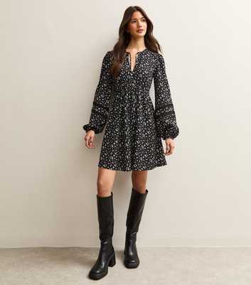 Black Floral Crinkle Lace Mini Dress