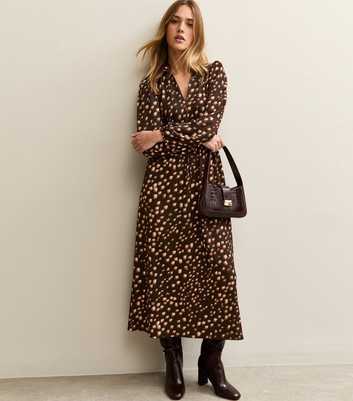 Brown Crinkle Texture Printed Midi Shirt Dress