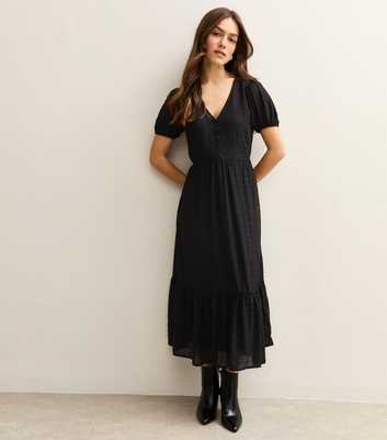 Petite Black Buttoned Check Midi Dress
