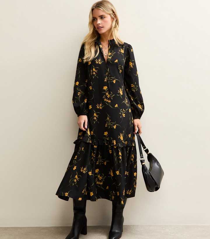 Petite Black Botanical Crepe Smock Midi Dress